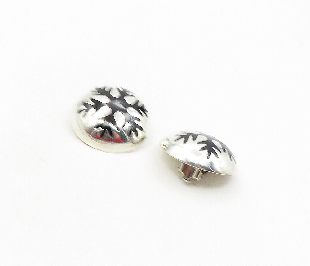 MEXICO 925 Silver  Vintage Black Onyx Snowflake Non Pierce Earrings  EG4793