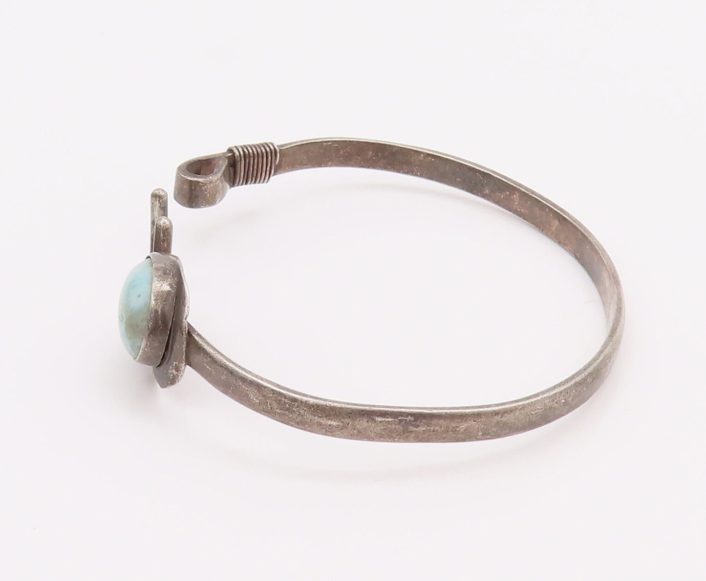 925 Sterling Silver Vintage Bracelet Solid Oval Larimar U Hook Bangle  BT10495
