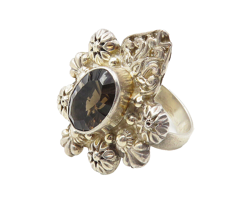 925 Sterling Silver  Smoky Topaz Floral Motif Cocktail Ring Sz 8  RG10109