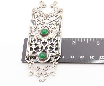 925 Sterling Silver Vintage Pendant Green Gemstone Long Floral Cut Out  PT25049