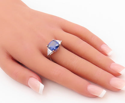 925 Sterling Silver Vintage Ring Rose Square Sapphire & Triangle CZ Sz 7 RG30344