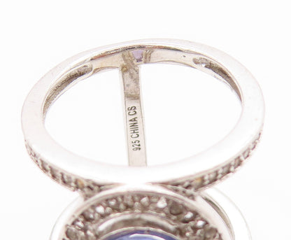 925 Sterling Silver Vintage Ring Oval Tanzanite & Sparkling CZ Band Sz 5 RG33685