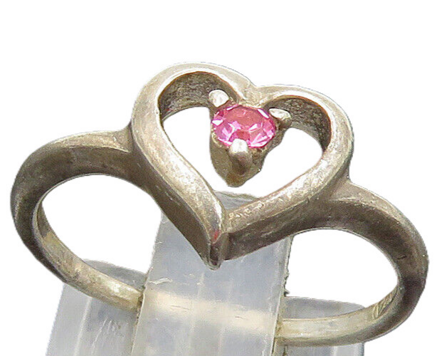 925 Silver  Vintage Dainty Open Love Heart Tourmaline Ring Sz 6  RG25284