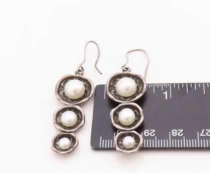 925 Sterling Silver Vintage Earrings Dark Tone Pearl Floral Cutout   EG13258