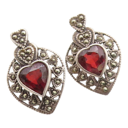 925 Sterling Silver Vintage Earrings Garnet & Marcasite Love Heart Drop  EG14372