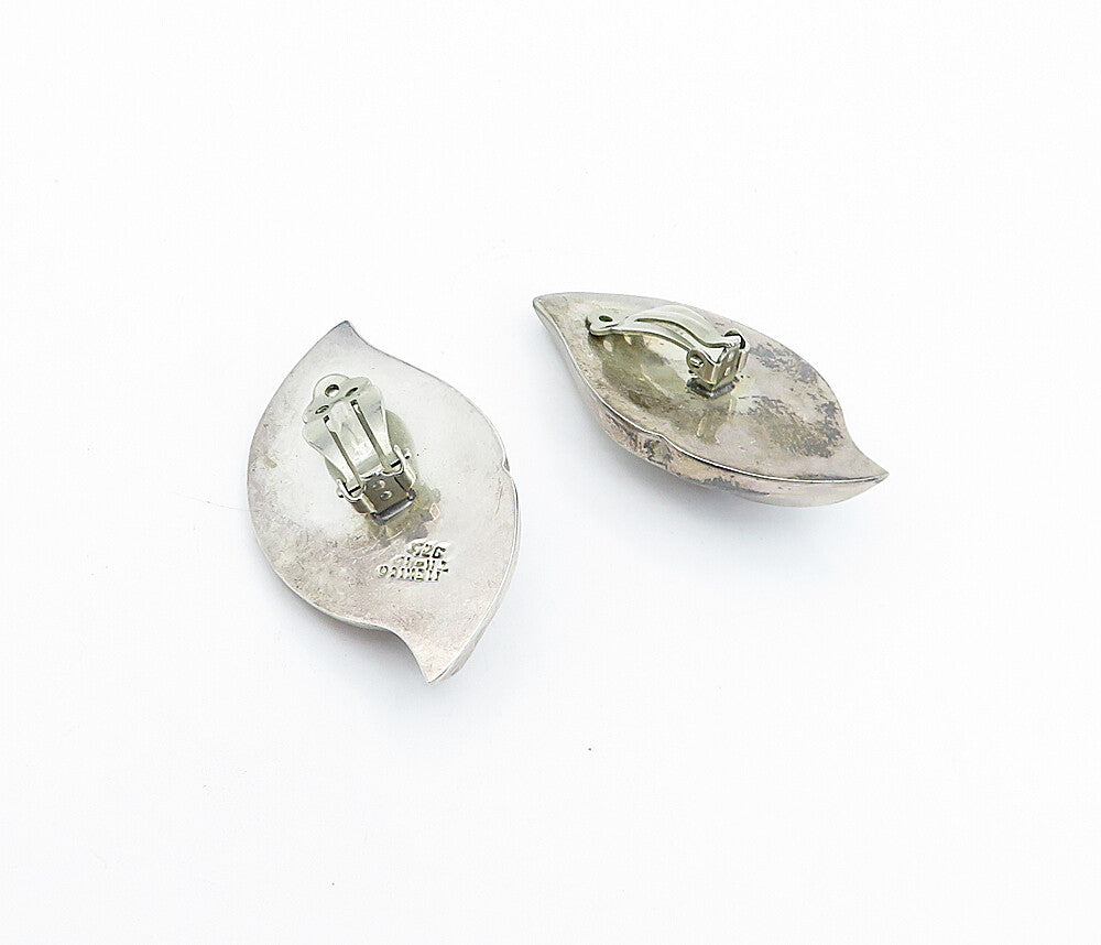 MEXICO 925 Sterling Silver  Vintage Modernist Leaf Non Pierce Earrings EG2237