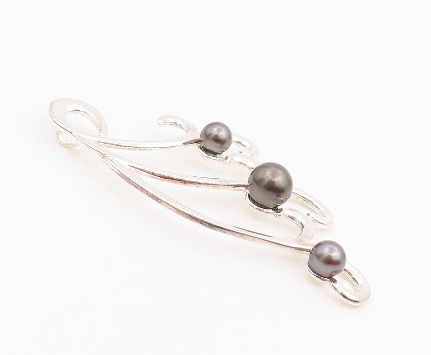 925 Sterling Silver Vintage Pendant Round Pearl Modernist Swirly Waves  PT26039