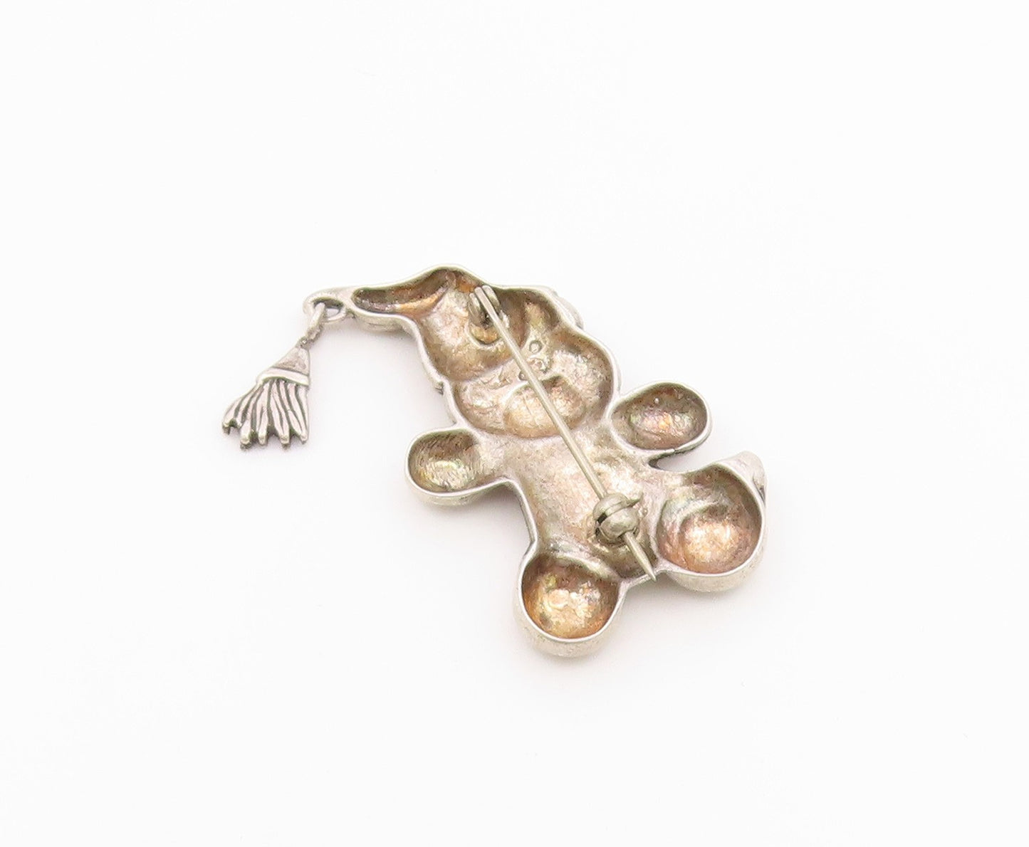 925 Silver  Vintage Carved Teddy Bear With Hat & Scarf Brooch Pin  BP9901