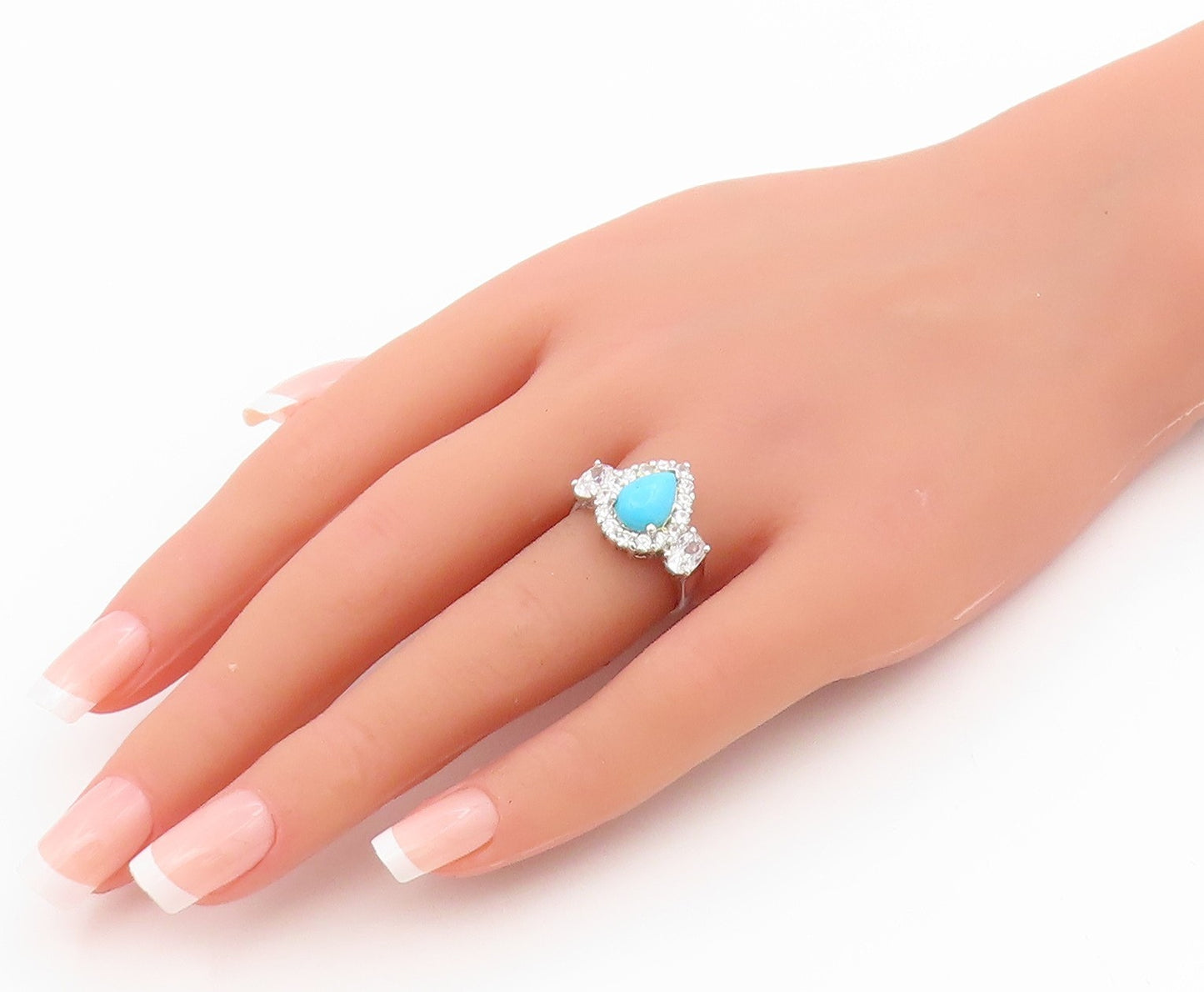 925 Sterling Silver Vintage Ring Pear Cut Turquoise Halo CZ Band  Sz 6  RG34622