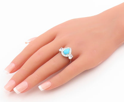 925 Sterling Silver Vintage Ring Pear Cut Turquoise Halo CZ Band  Sz 6  RG34622