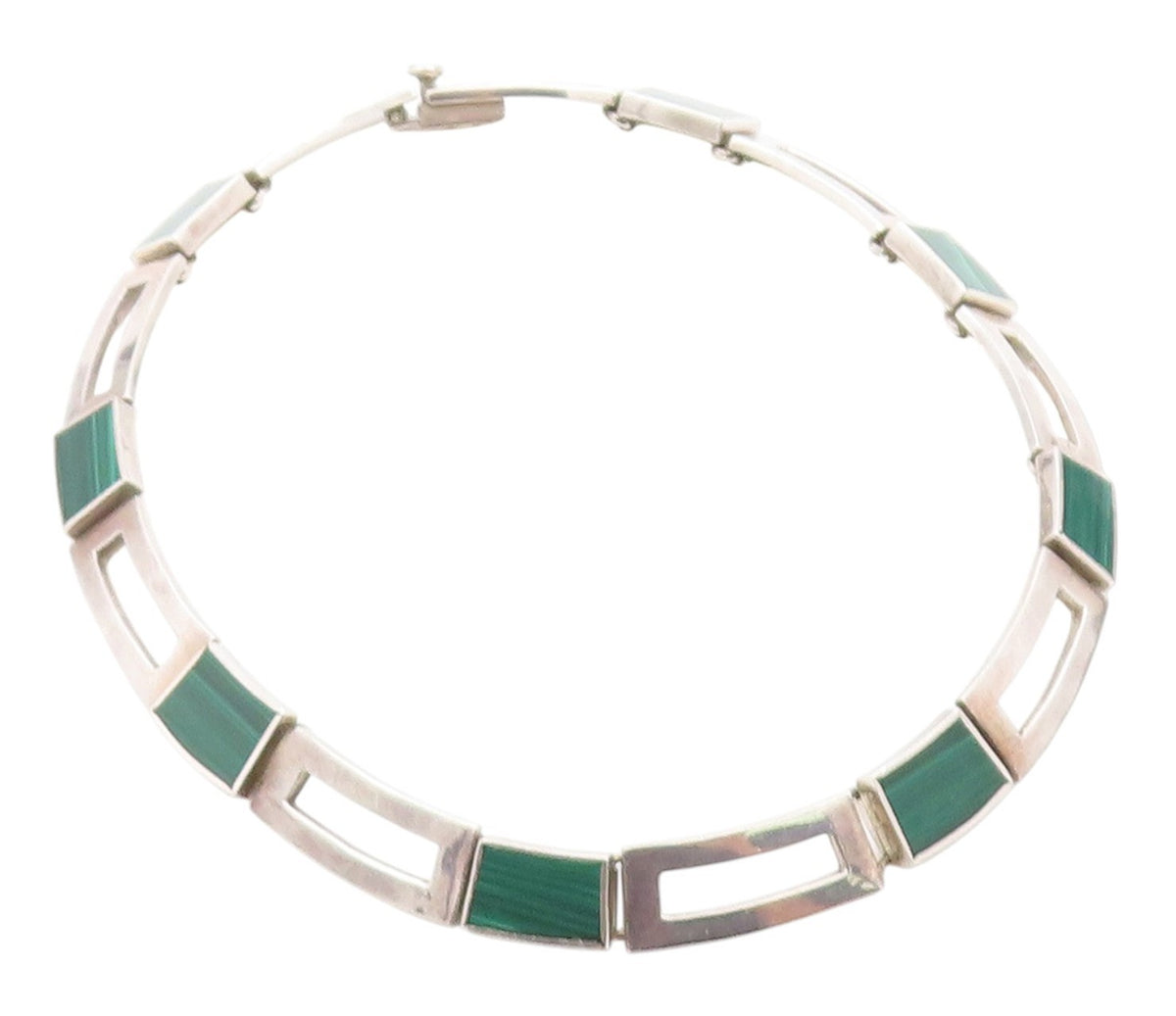 925 Sterling Silver Vintage Necklace MEXICO Malachite Geometric Collar  NE4648