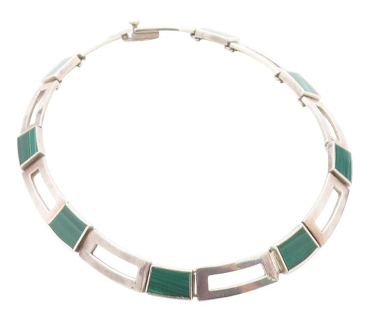 925 Sterling Silver Vintage Necklace MEXICO Malachite Geometric Collar  NE4648