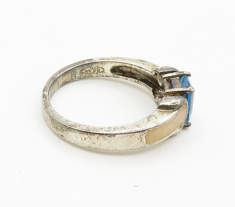 AVON 925 Sterling Silver  Vintage Blue Topaz & Enamel Band Ring Sz 8  RG15542