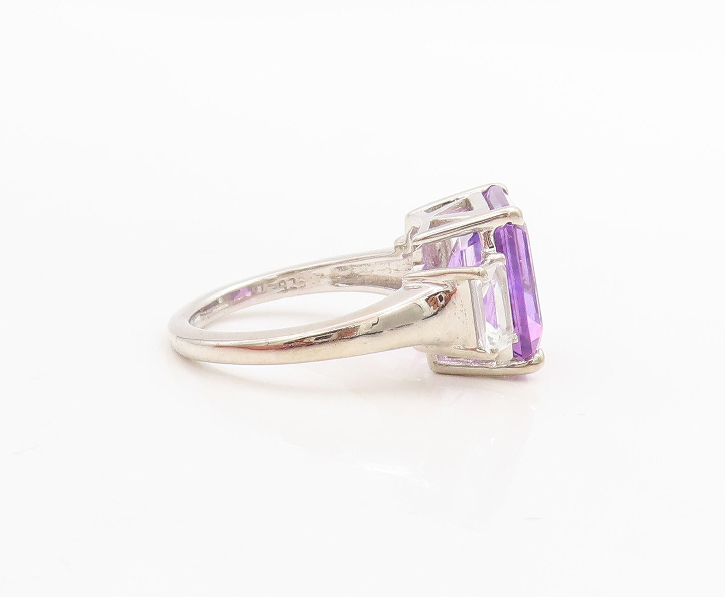 925 Sterling Silver Vintage Ring Rectangle Cut Amethyst & CZ  Sz 7  RG30555