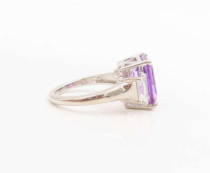 925 Sterling Silver Vintage Ring Rectangle Cut Amethyst & CZ  Sz 7  RG30555