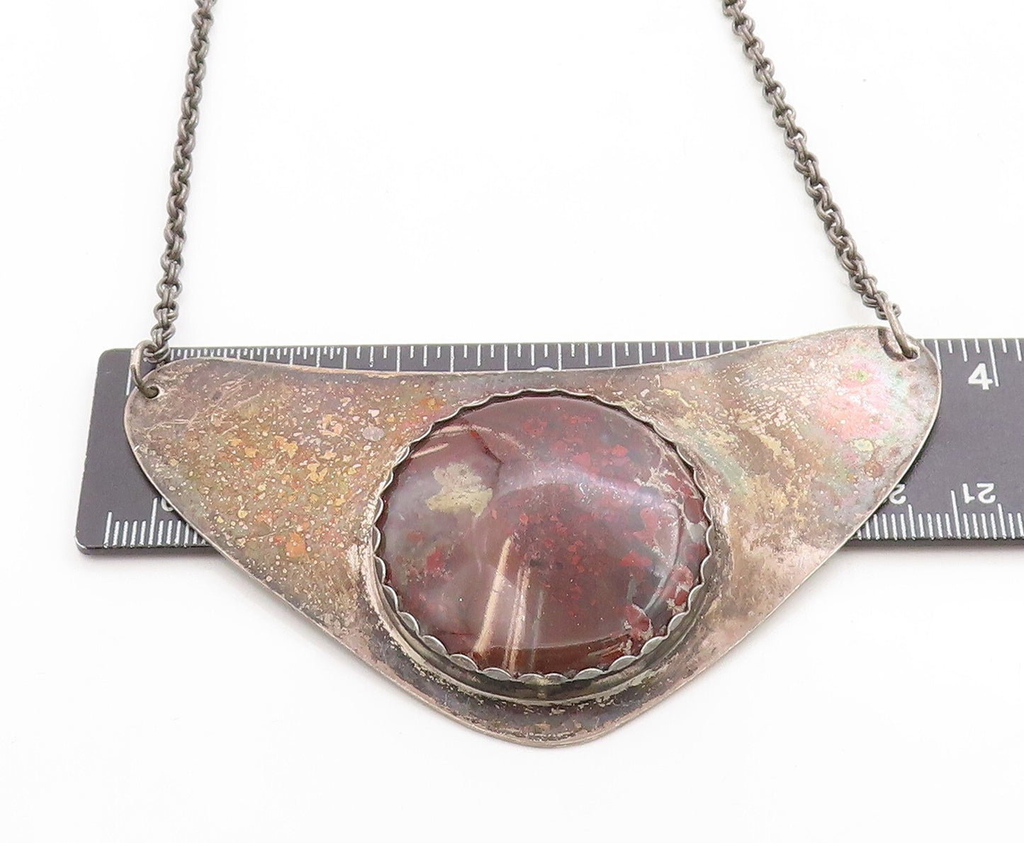 925 Sterling Silver  Vintage Red Agate Oxidized Pendant Chain Necklace  NE1703