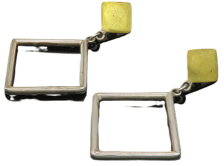 MEXICO 925 Silver  Vintage Heavy Open Square 2 Tone Dangle Earrings  EG10519