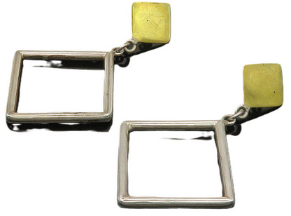 MEXICO 925 Silver  Vintage Heavy Open Square 2 Tone Dangle Earrings  EG10519