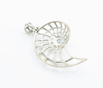 925 Sterling Silver  Shiny Blue Topaz Shiny Open Snail Swirl Pendant  PT6096