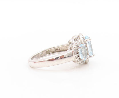 925 Sterling Silver Vintage Ring Three Blue Halo White Topaz  Sz 6  RG32788