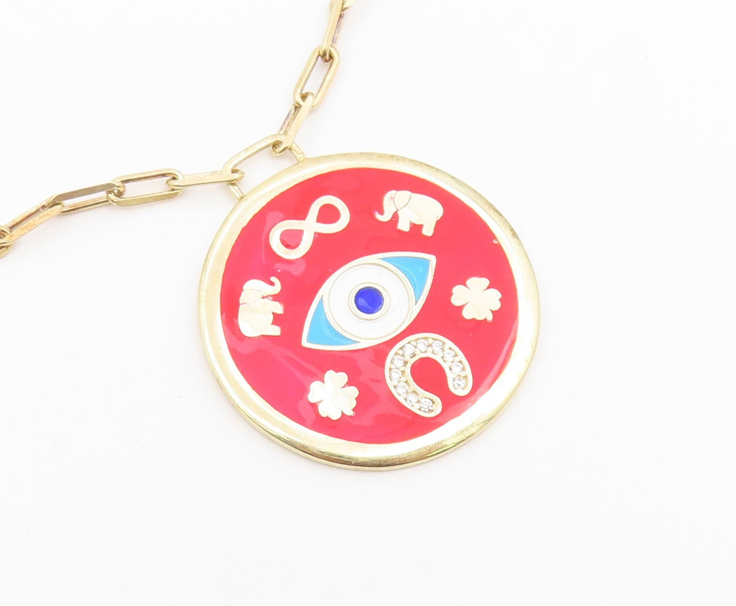 925 Sterling Silver Vintage Necklace Gold Plated CZ Good Luck Medallion  NE4928