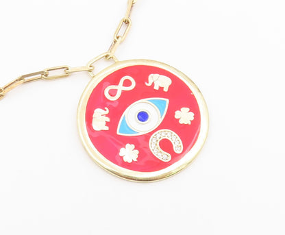 925 Sterling Silver Vintage Necklace Gold Plated CZ Good Luck Medallion  NE4928