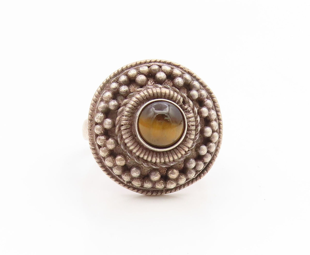 925 Sterling Silver Vintage Ring Round Tiger's Eye Beaded Dome  Sz 8.5  RG35247
