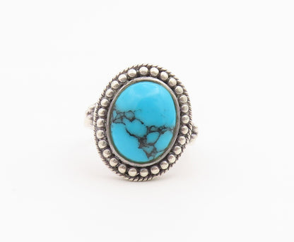 925 Sterling Silver Vintage Ring Turquoise Halo Beaded Edge Band  Sz 7  RG36728