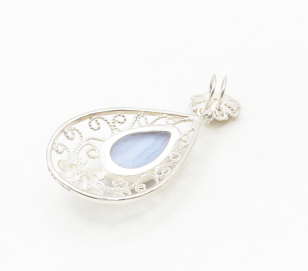 925 Sterling Silver  Cabochon Tear Drop Agate Floral Swirl Pendant  PT12213