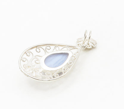 925 Sterling Silver  Cabochon Tear Drop Agate Floral Swirl Pendant  PT12213