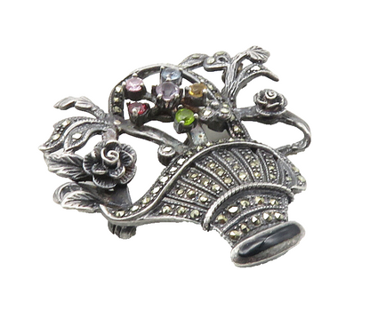 925 Silver  Vintage Topaz Amethyst Peridot & Citrine Floral Brooch Pin  BP3822
