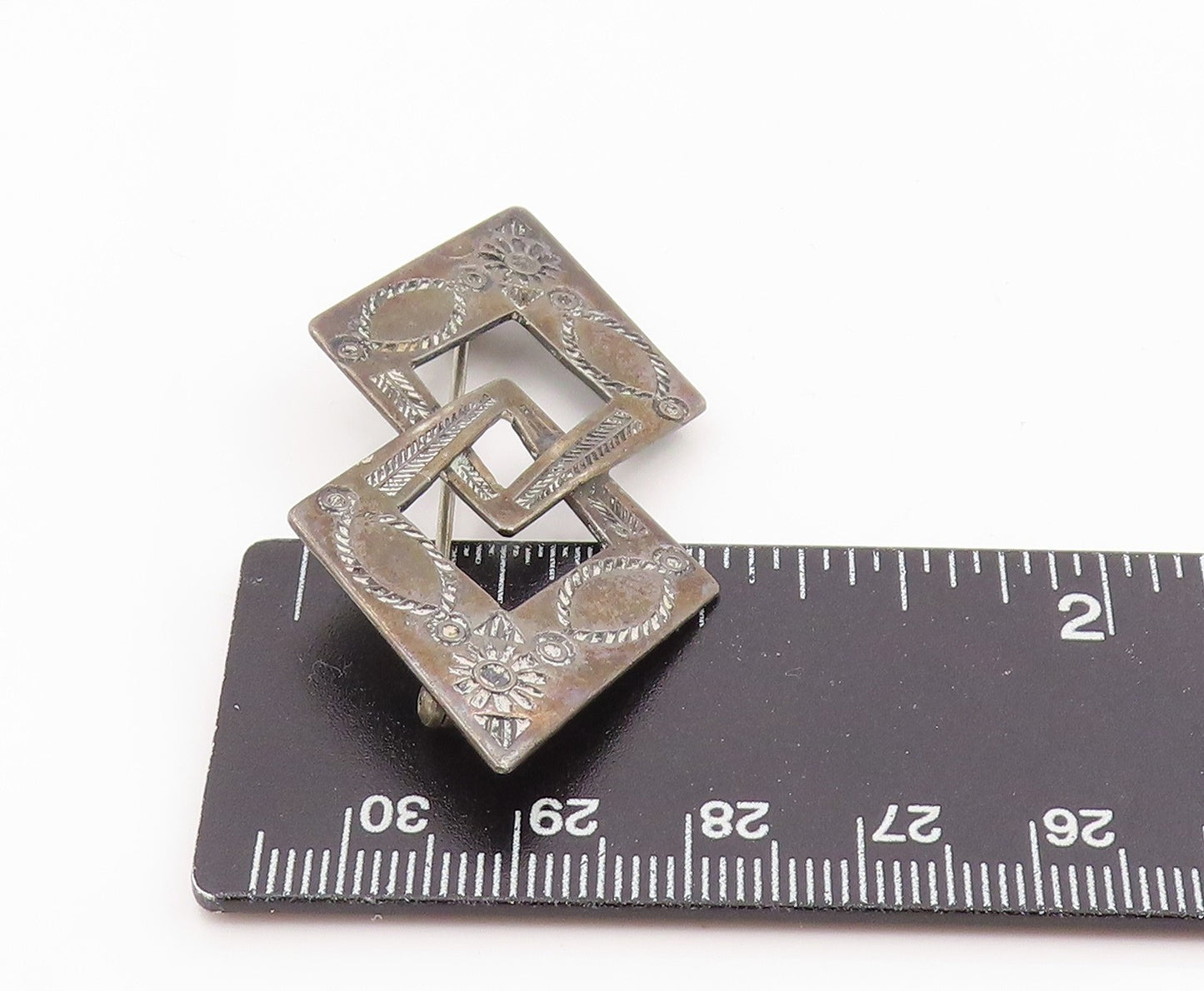 925 Sterling Silver Vintage Brooch Engraved Interlocking Geometric Pin  BP12491