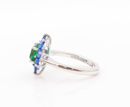 925 Sterling Silver Vintage Ring Green & Blue Gemstone Flower  Sz 7  RG32452