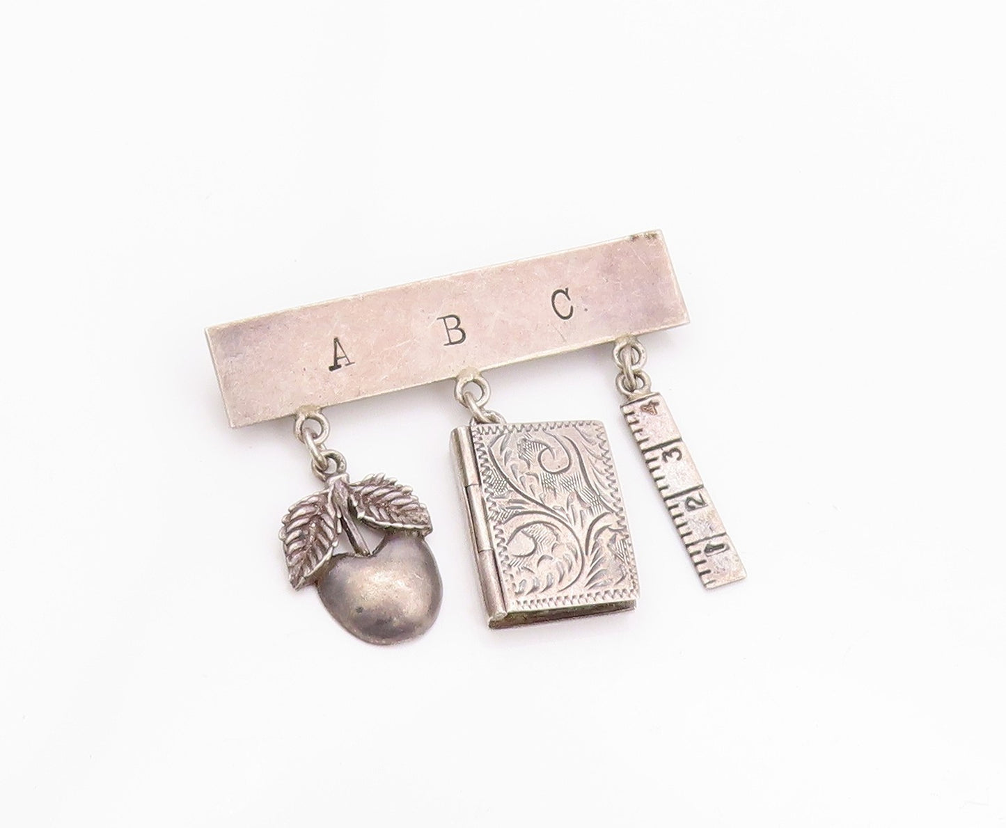 925 Sterling Silver Vintage Brooch GFMW Dangling Book Nut Scale Charm  BP11570