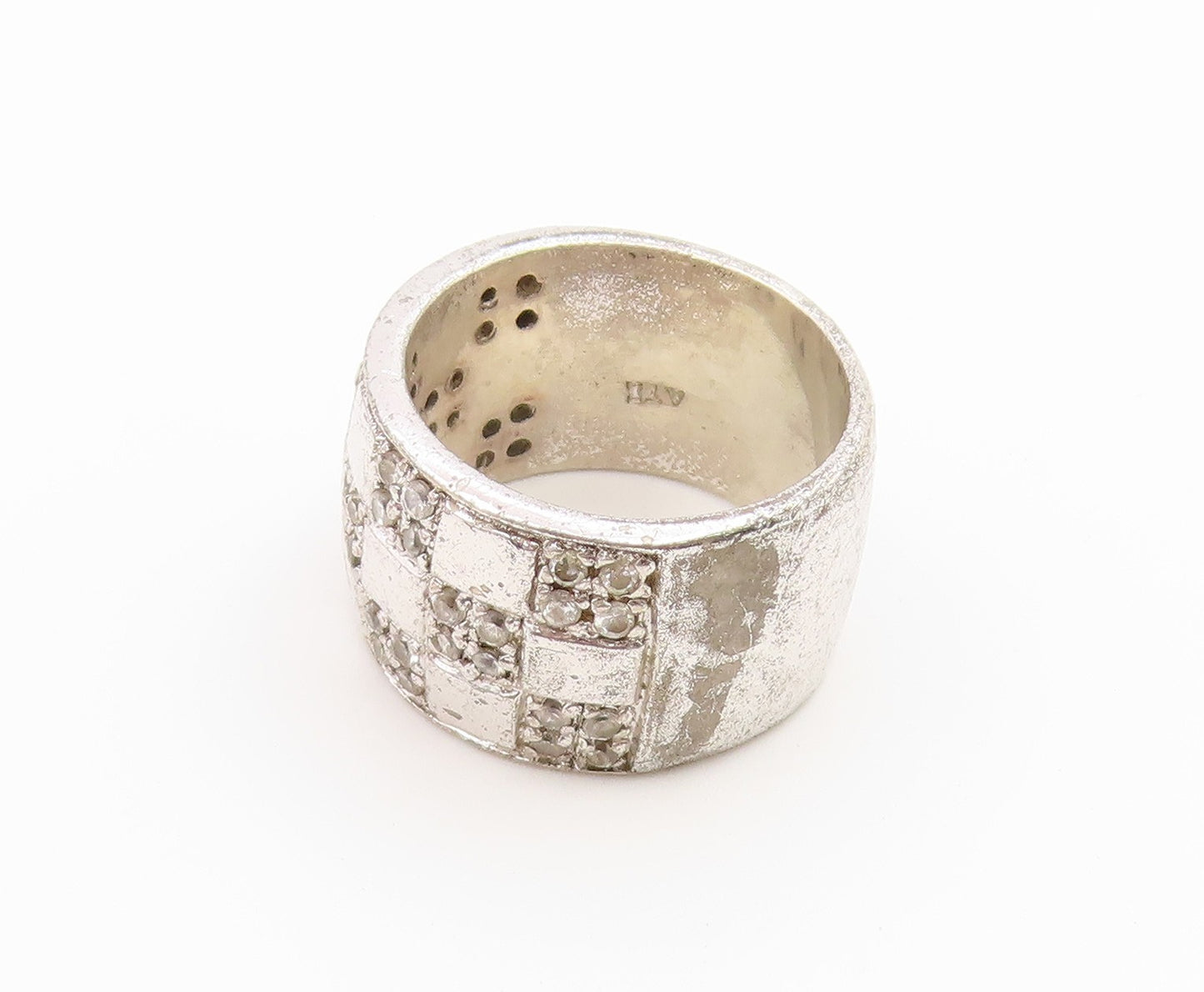 925 Sterling Silver Vintage Ring Modernist CZ Checkerboard Band  Sz 6  RG36877
