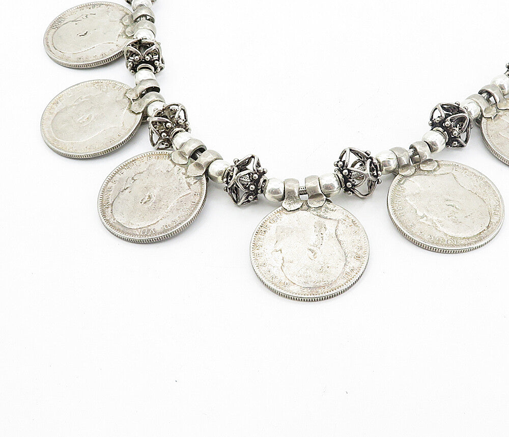 Solid Silver Vintage Antique Indian Rupee Coin Chain Necklace  NE1486