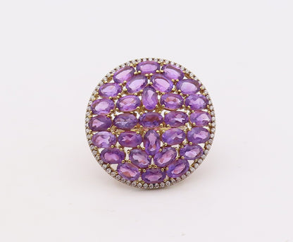 925 Sterling Silver Vintage Ring Gold Plated Oval Amethyst & CZ  Sz 7  RG29924