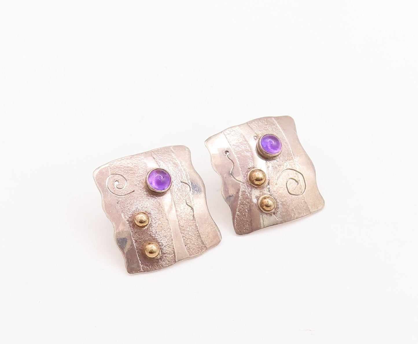 14k Gold 925 Sterling Silver Vintage Earrings Designer Etched Amethyst  EG13121