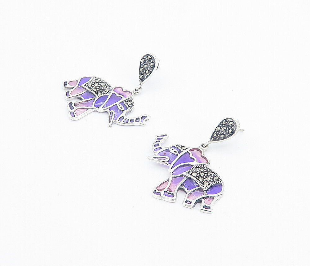 925 Sterling Silver  Shiny Marcasite & Enamel Elephant Dangle Earrings  EG3022