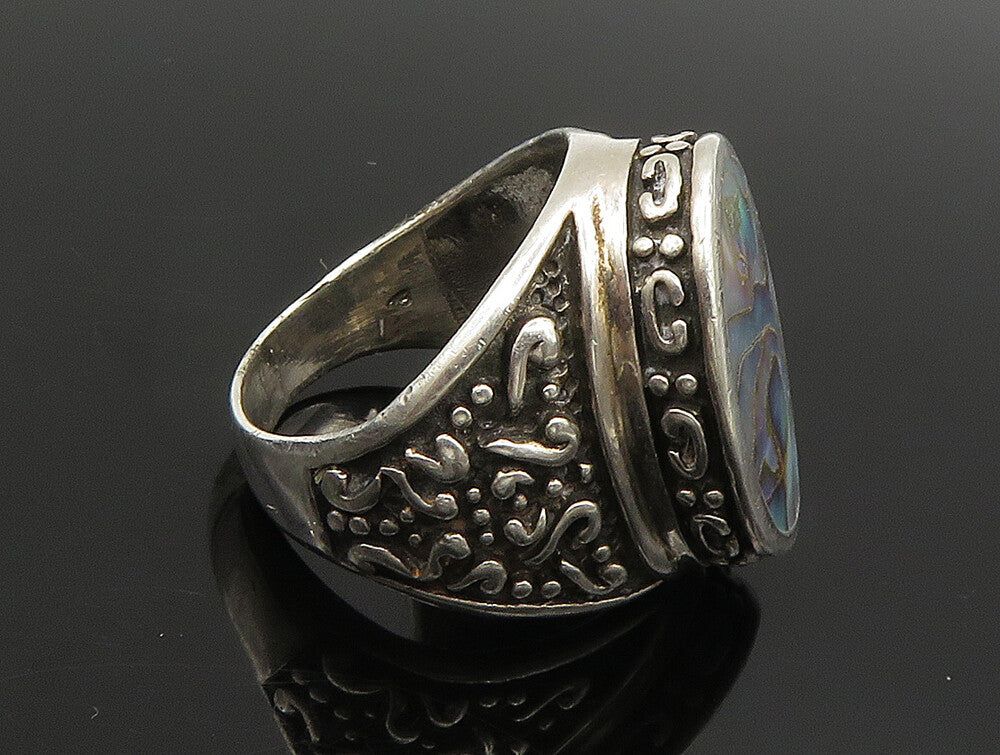 925 Sterling Silver  Vintage Inlay Abalone Scrolled Detail Ring Sz 6  RG24433