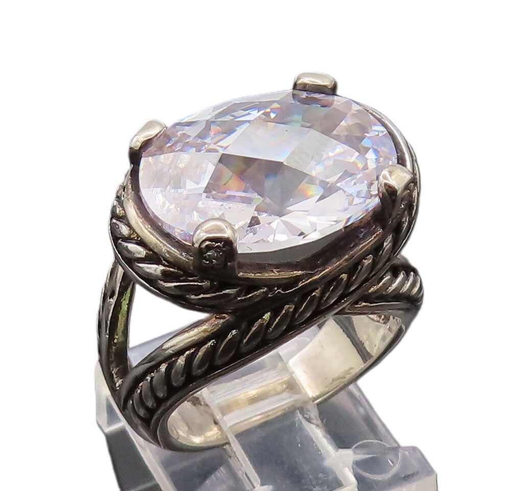 925 Sterling Silver Vintage Ring CZ Twisted Rope Carved Split Neck Sz 6  RG27747