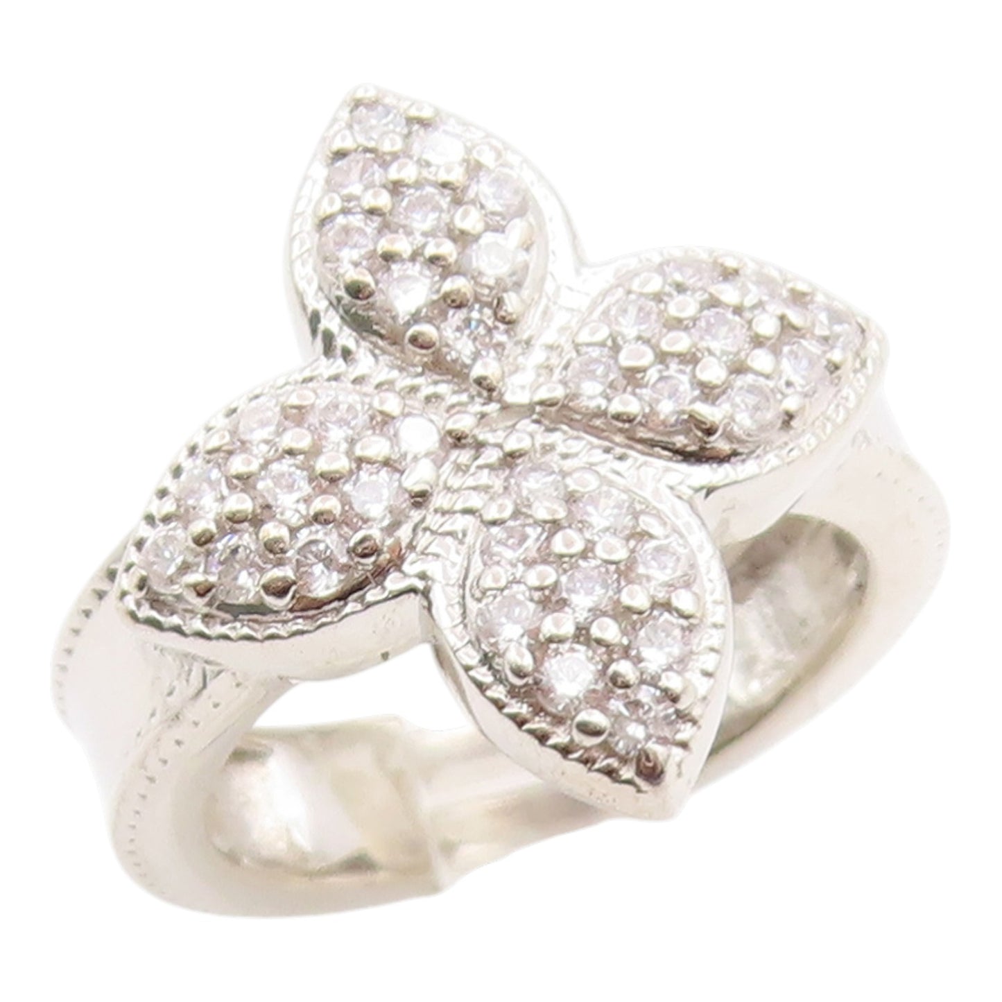 925 Sterling Silver Vintage Ring Modernist CZ Floral Petal Band  Sz 5  RG35624