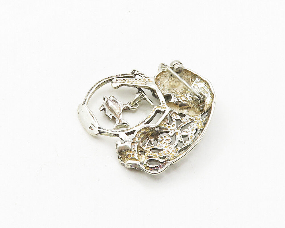 JEZLAINE 925 Sterling Silver  Vintage Cat & Fish Bowl Shiny Brooch Pin  BP7521