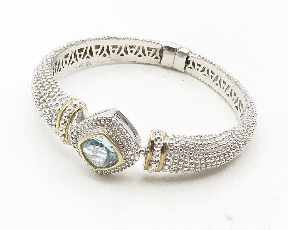 925 Sterling Silver  Blue Topaz Shiny Two Tone Spiked Bangle Bracelet  BT4270