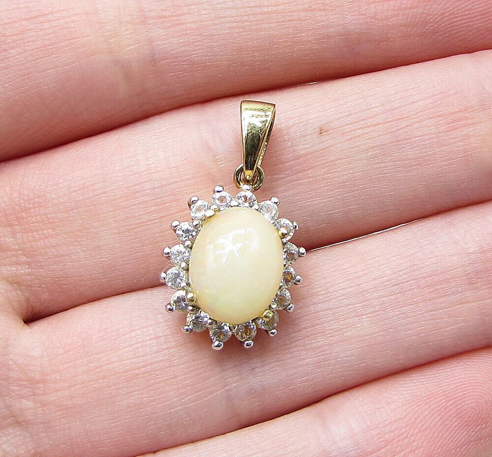 Gold Over 925 Silver Cabochon Cut Fire Opal & White Topaz Drop Pendant PT1136