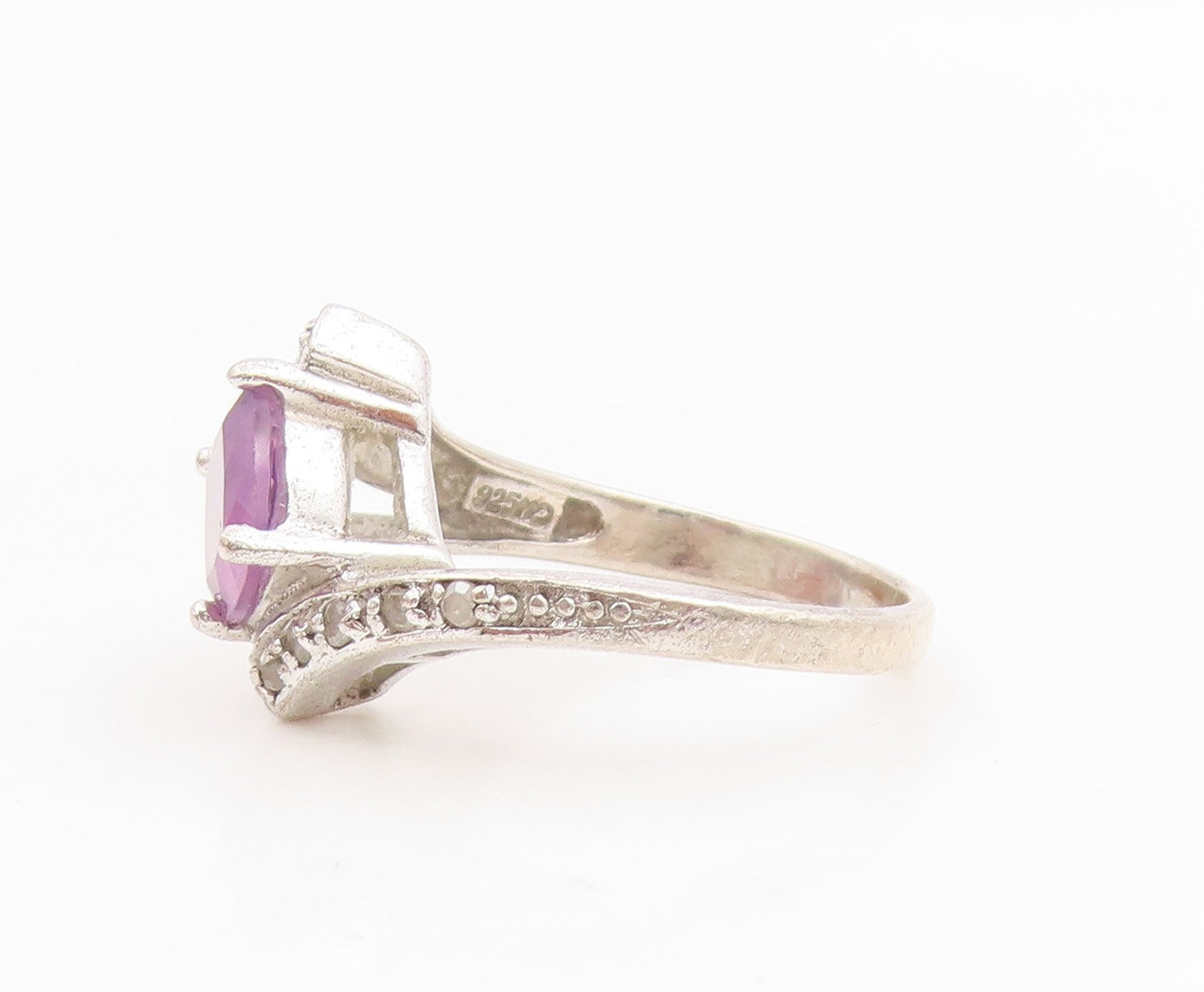 925 Sterling Silver Vintage Ring Real Diamonds & Amethyst Bypass  Sz 6  RG34874