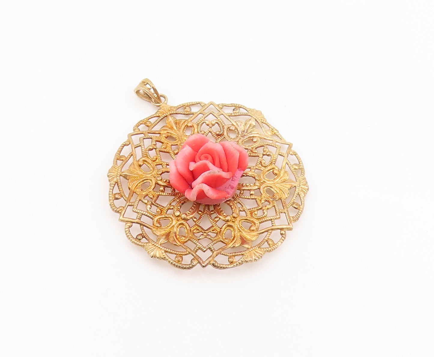 925 Sterling Silver Vintage Pendant Gold Plated Gemstone Rose Floral Cut PT24248