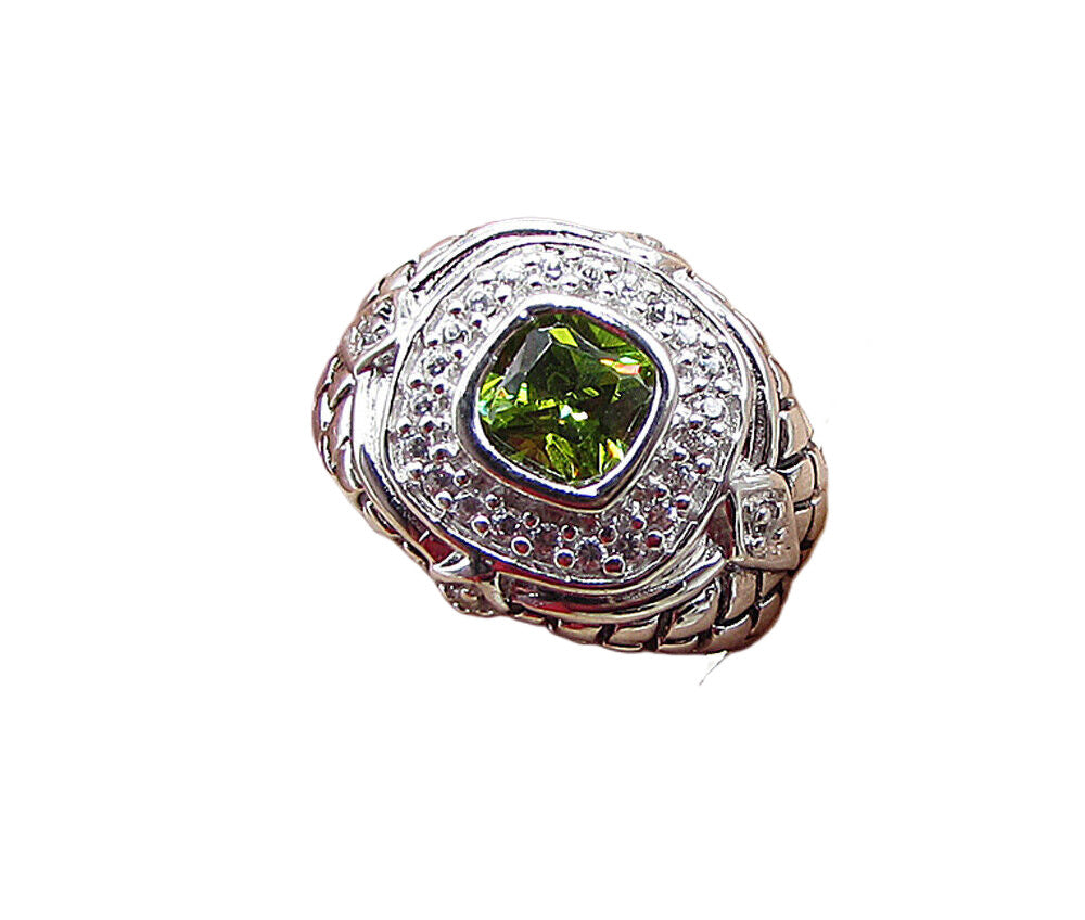 925 Sterling Silver  Peridot & Cubic Zirconia Cocktail Ring Sz 6.5  RG1651