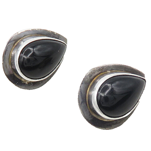 NAVAJO 925 Silver  Vintage Cabochon Black Onyx Tear Drop Stud Earrings  EG9126