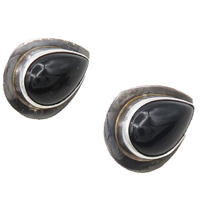 NAVAJO 925 Silver  Vintage Cabochon Black Onyx Tear Drop Stud Earrings  EG9126
